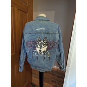 Vtg 96 Diamond Dust Lady Smith Denim Jacket Wolf Feather Women Small 100% Cotton